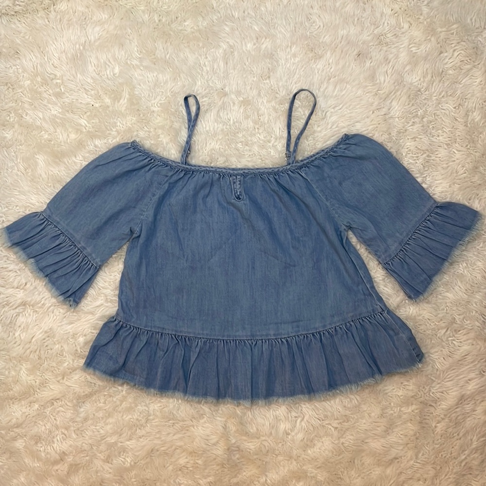 🦋BOHO DENIM OFF THE SHOULDERS KIDS TOP • FALLS CREEK SIZE LARGE 10/12🦋